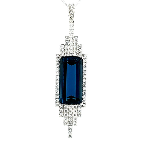 Picture of White Gold Rectangle London Blue Topaz Fancy Diamond Halo Necklace